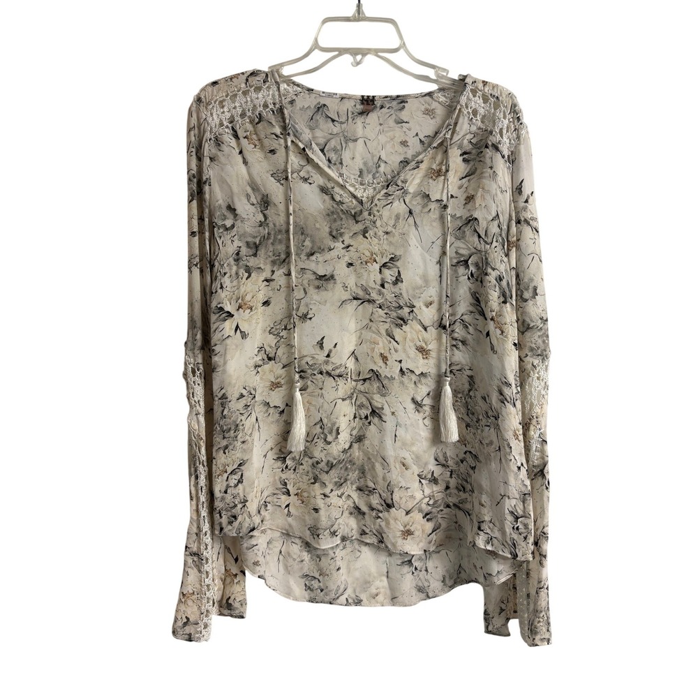 Haute Hippie 100% Silk Foral Lace‎ trim Boho Peasant Blouse Size Large